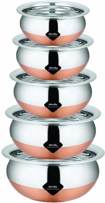 Nirvika Serving Steel Handi Set Copper Bottom cookware set biryani serving bowl pot pan Handi home appliances coockware Steel Handi pot Set of 5 Piece (stainless steel, copper) Handi 2 L, 1.2 L, 0.85 L, 0.55 L, 0.425 L(Stainless Steel, Copper, Induction Bottom)