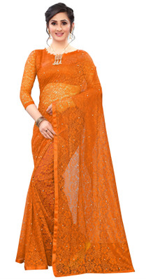 Indy Bliss Self Design Bollywood Net Saree(Orange)
