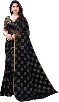 V And V Shop Printed Bollywood Chiffon Saree(Black)