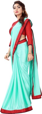 Shreeji Designer Solid/Plain Bollywood Georgette Saree(Light Blue, Red)