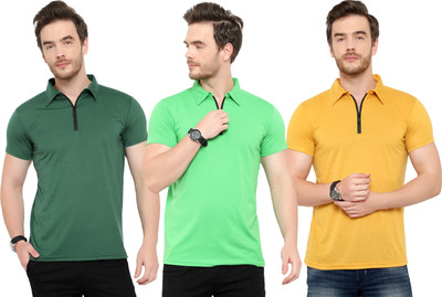 Adorbs Solid Men Polo Neck Green, Yellow T-Shirt