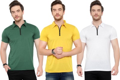 Adorbs Solid Men Polo Neck Green, White, Yellow T-Shirt