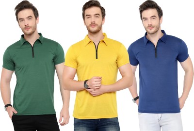 Tivy Solid Men Polo Neck Dark Blue, Dark Green, Yellow T-Shirt