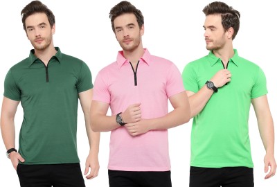 Tivy Solid Men Polo Neck Dark Green, Green, Pink T-Shirt