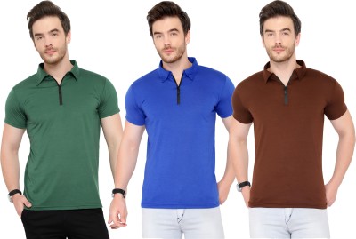 Adorbs Solid Men Polo Neck Dark Green, Dark Blue, Brown T-Shirt