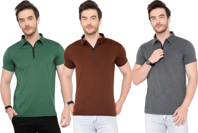 Adorbs Solid Men Polo Neck Dark Green, Brown, Grey T-Shirt