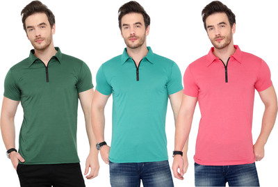 Adorbs Solid Men Polo Neck Light Blue, Dark Green, Pink T-Shirt