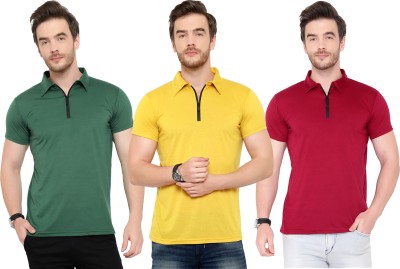 Tivy Solid Men Polo Neck Dark Green, Maroon, Yellow T-Shirt