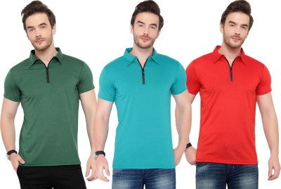 Tivy Solid Men Polo Neck Dark Green, Light Blue, Red T-Shirt