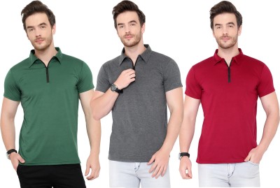 Adorbs Solid Men Polo Neck Green, Pink, Grey T-Shirt