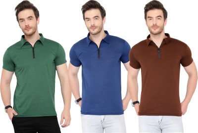 Tivy Solid Men Polo Neck Green, Brown, Blue T-Shirt