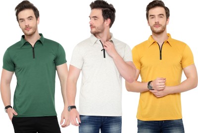 Adorbs Solid Men Polo Neck Dark Green, Grey, Yellow T-Shirt