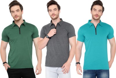 Tivy Solid Men Polo Neck Light Blue, Dark Green, Grey T-Shirt