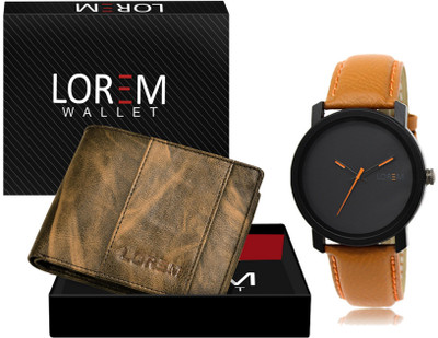 LOREM WL20-LR20 Combo Of Orange Wrist Watch & Brown Color Artificial Leather Wallet Analog Watch  - For Men