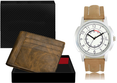 REMIXON WL19-LR17 Combo Of Brown Wrist Watch & Brown Color Artificial Leather Wallet Analog Watch  - For Men