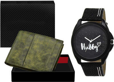 FERRIZZO WL18-LR31 Combo Of Black Wrist Watch & Green Color Artificial Leather Wallet Analog Watch  - For Men