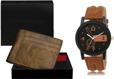 FERRIZZO WL19-LR01 Combo Of Orange Wrist Watch & Brown Color Artificial Leather Wallet Analog Watch  - For Men