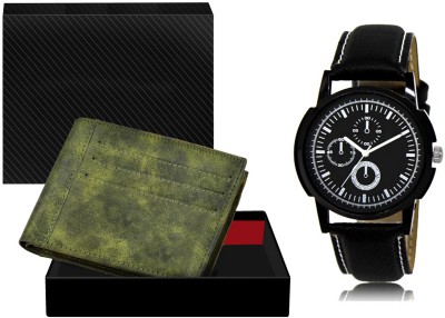 FERRIZZO WL17-LR13 Combo Of Black Wrist Watch & Green Color Artificial Leather Wallet Analog Watch  - For Men