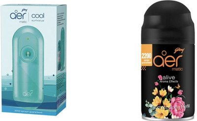 Godrej Fresh, Aroma Car Freshener Automatic Spray, Refill aer Matic, Automatic Air Freshener Kit with Flexi Control - Cool Surf Blue & Premium Fragrance - Alive(2 x 250 ml)