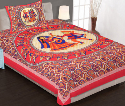 Siya Creation 280 TC Cotton Single Printed Flat Bedsheet(Pack of 1, Red)