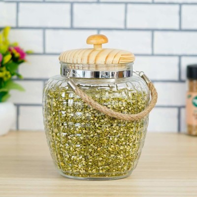 Femora High Line Glass with Bamboo Lid Jar - 2000 ml Glass Grocery Container(Clear)