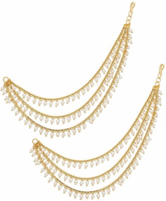 MEENAZ 1 one gram gold Polish 22k Plated Traditional Temple Jewellery Bahubali Brass Copper Ear Chain White pearl Studded Kan chain south indian Earing For Women girls wedding bridal bride dulhan Fancy party wear Latest Set kaan Hair Accessory women kanoti head Wedding Pearl Accessories Jhumki Jhumk