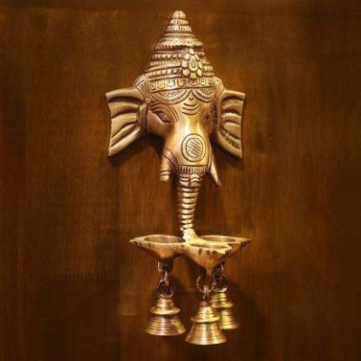 Fashion Bizz Metal Ganesha Wall Hanging Diya (Gold) with Bells for Home Décor , Temple Decor Gold Plated Hanging Diya Set(Height: 8.5 inch)