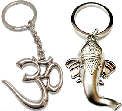 kd collections KD626 - Combo of Om Keychain Metal & Ganesha Keychain Metal - Silver Color - Pack of 2 Keychains Key Chain