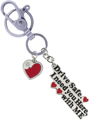 HANDSOME ISK Classic Chrome Sheet for Love one Drive Safe I Need You Here With me Colorful and Style in Pocket Push Button Locking ( Hanging) Hook with White & Red Heart Key Chain