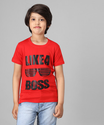 ANIXA Boys Typography, Printed Cotton Blend Regular T Shirt(Red, Pack of 1)