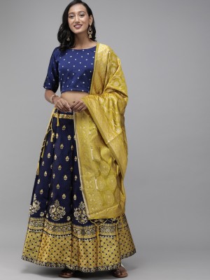 Fabcartz Self Design Semi Stitched Lehenga Choli(Yellow, Dark Blue)