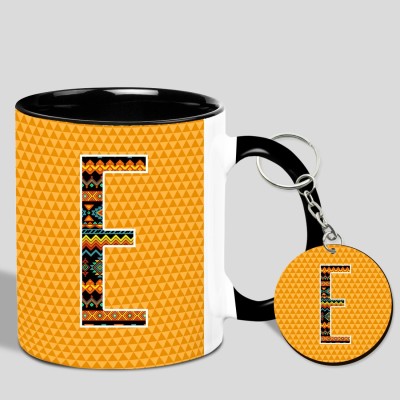 HUPPME Alphabet E Inner Black with Black Handle Keychain Combo Ceramic Coffee Mug(350 ml, Pack of 2)