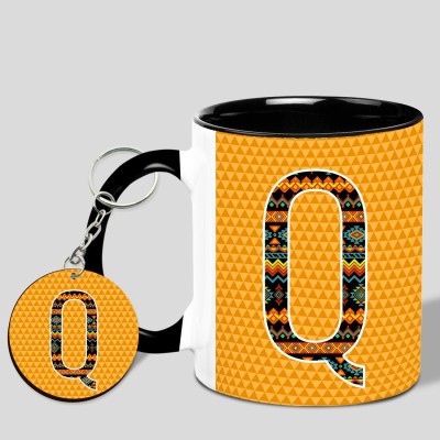 HUPPME Alphabet Q Inner Black With MDF Keychain Combo Ceramic Coffee Mug(350 ml, Pack of 2)