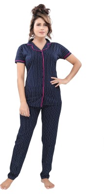Cherryrain Women Striped Blue, White Top & Pyjama Set
