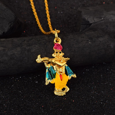 morir Gold Plated Brass Meenakari Murli Kanha/Krishna Image Chain Pendant Necklace Temple Religious Jewellery for Men/Women Gold-plated Brass Pendant