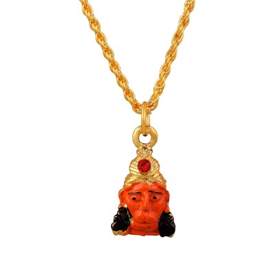 morir Gold Plated Multi-Colour CZ Studded Hindu God Lord Rambhakat Veer Hanuman Bajrang Bali Locket with Chain Pendant Religious Spiritual Jewellery for Men/Women Gold-plated Brass Pendant