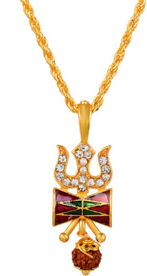 DULCI Gold Tone Cubic Zirconia Shiv Shakti Trishul Damru Rudraksha Locket Yantra Pendant Necklace Temple Jewellery for Unisex Gold-plated Brass Pendant