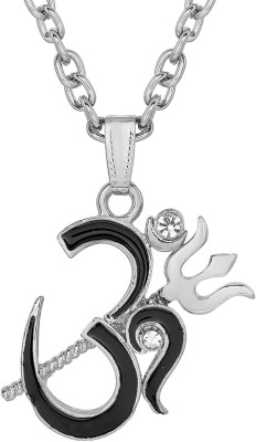 morir Silver Plated CZ Studded Black Enamel Shiva Symbols Ohm/Om/Aum Chand Trishul All in One Pendant Necklace Locket Spiritual Religious Temple Jewellery for Men and Women Silver Cubic Zirconia Brass Pendant