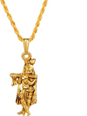 Mahakaal Jewels Handcrafted Gold Plated Brass Designer Lord Krishna Playing The Flute Chain Locket Pendant Necklace Temple Religious Jewellery for Men/Women Gold-plated Brass Pendant