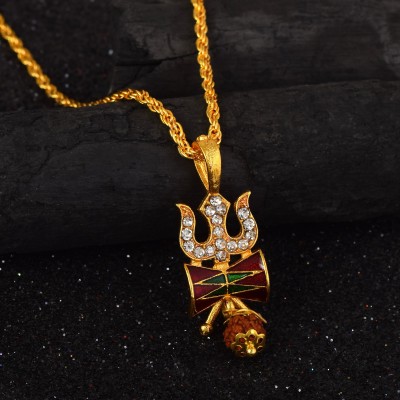 morir Gold Plated CZ Lord Shiv Shakti Trishul Damru Rudraksha Pendant Locket Shiva Symbol Necklace Religious Jewellery for Men/Women Gold-plated Cubic Zirconia Brass Pendant