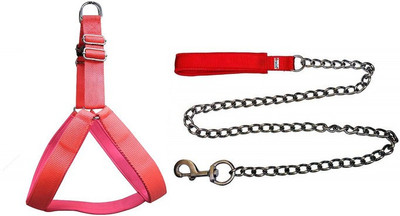 Smart Doggie Combo of Harness Belt and Heavy Stainless Steel Chain for Medium Dog Harness & Chain(Medium, Red)