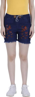 MHR FASHION Printed Women Reversible Denim Dark Blue Denim Shorts