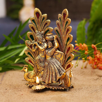 Advika Handicraft Radha Krishna Idol Showpiece with Diya for Puja and Home Decor (8 x 6 Inches) Decorative Showpiece  -  20.3 cm(Aluminium, Gold)