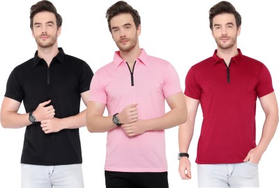 Adorbs Solid Men Polo Neck Maroon, Black, Pink T-Shirt