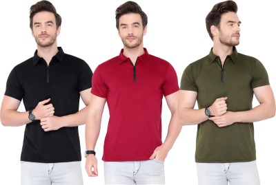 Tivy Solid Men Polo Neck Dark Green, Red, Black T-Shirt