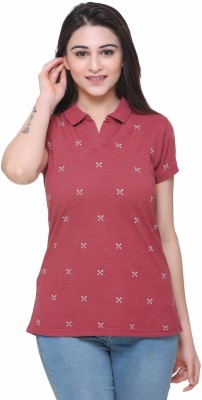 RNK Printed Women Polo Neck Maroon T-Shirt