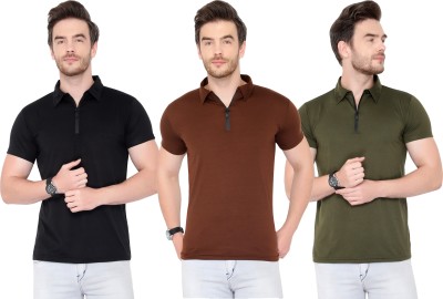 Tivy Solid Men Polo Neck Dark Green, Brown, Black T-Shirt