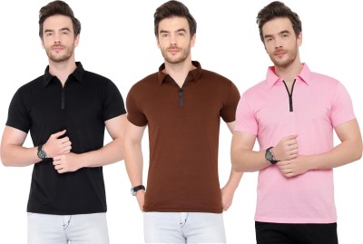 Tivy Solid Men Polo Neck Brown, Black, Pink T-Shirt