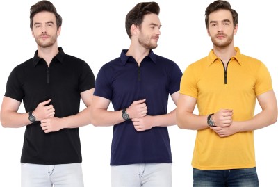 PHINSTAR Solid Men Polo Neck Dark Blue, Black, Yellow T-Shirt