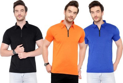 Tivy Solid Men Polo Neck Blue, Black, Orange T-Shirt